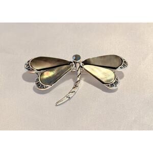 Monet Dragonfly Brooch Pin Gray Mother of Pearl Rhinestone Silver Tone Signed
